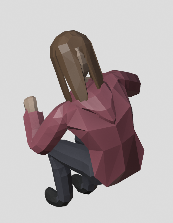 Hoodie on a seated, leaning woman, from behind and above