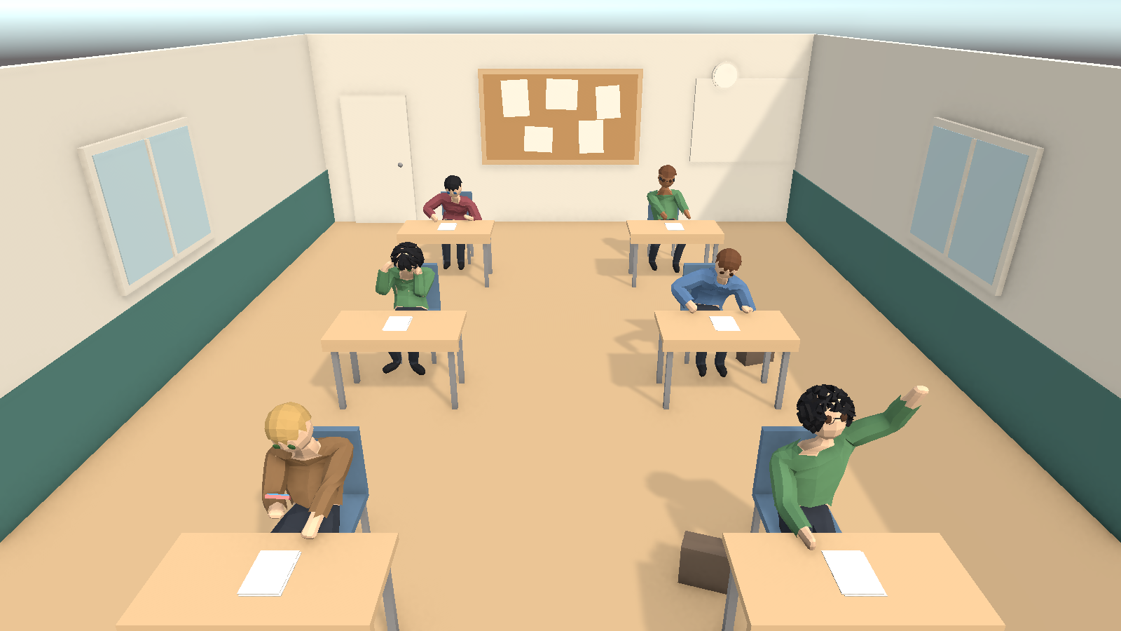 The classroom from the front, students holding a phone, raising a hand, thinking and reaching