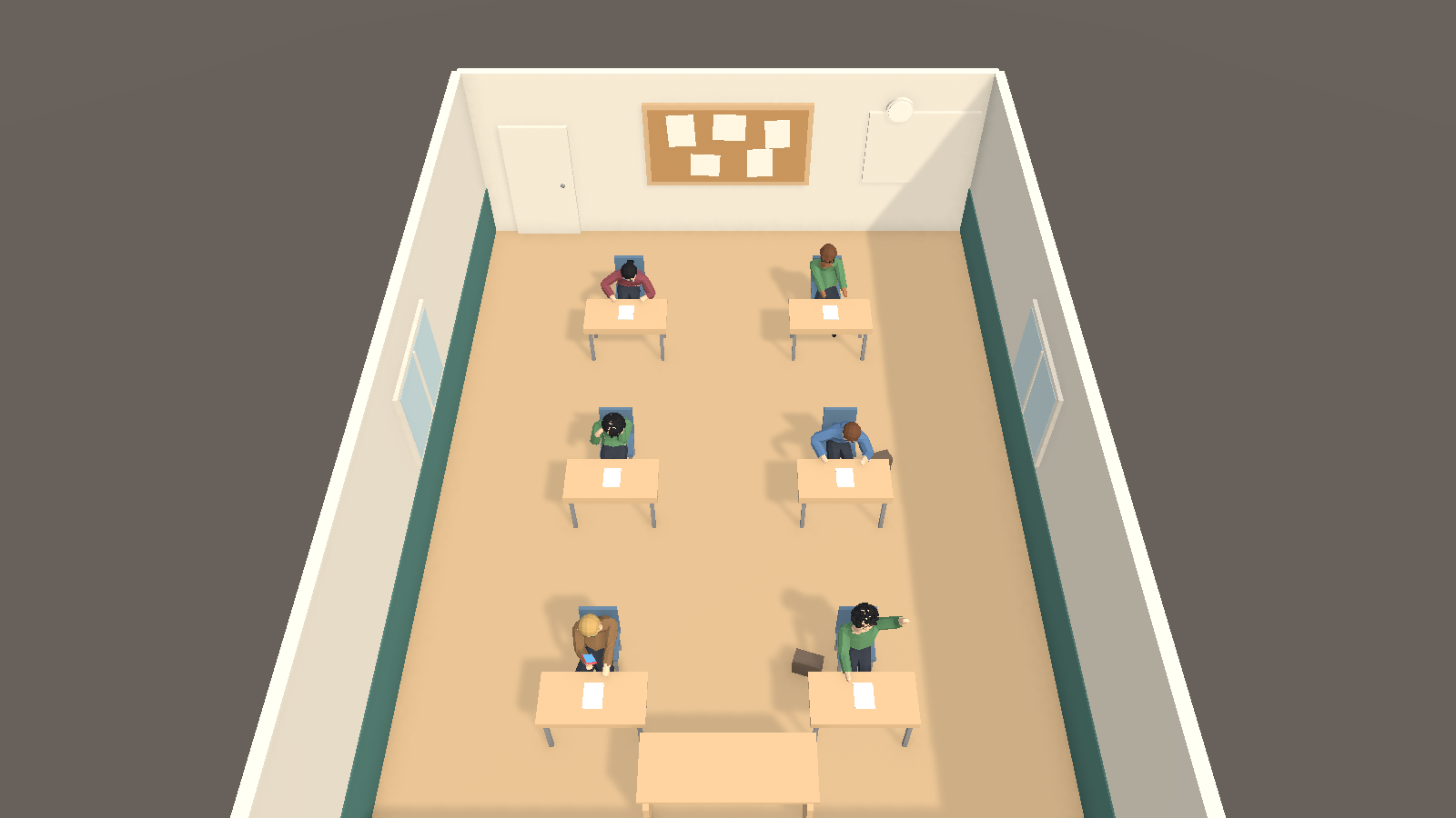 The classroom from above, six students at desks doing different things