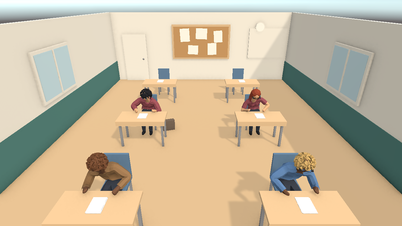 Four students writing, two of them left-handed