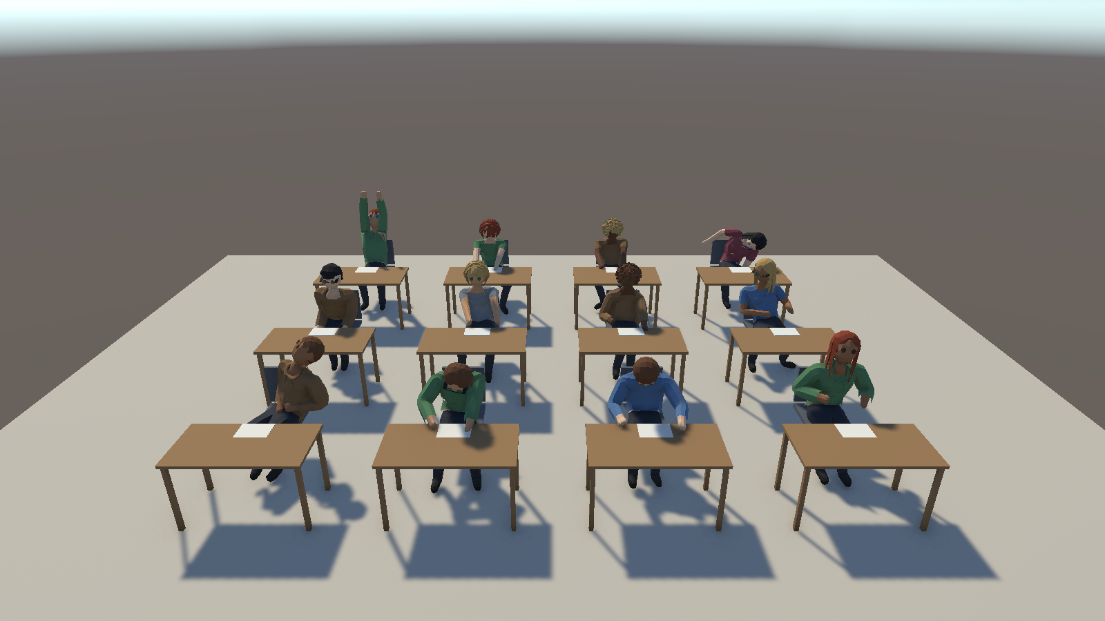 Six women and six men seated at desks, animated